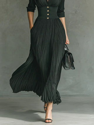 Pleated Lapel Maxi Dress in Green — VerolynBoutique