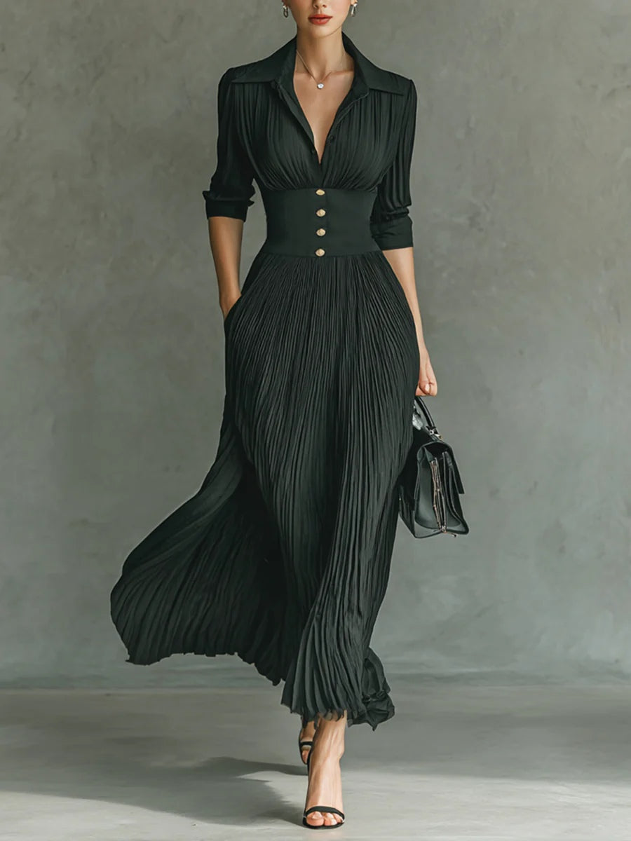 Pleated Lapel Maxi Dress in Green — VerolynBoutique