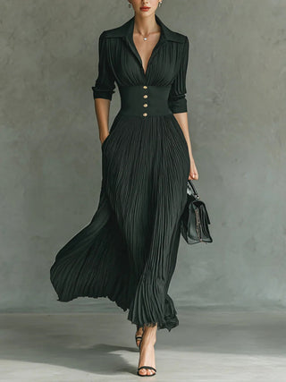 Pleated Lapel Maxi Dress in Green — VerolynBoutique