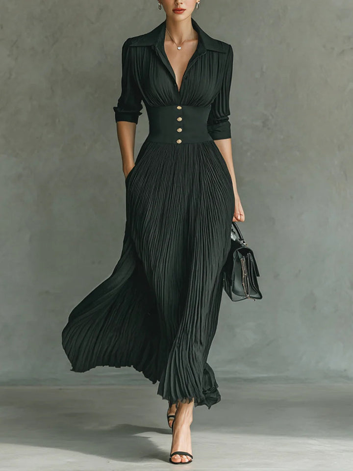 Pleated Lapel Maxi Dress in Green — VerolynBoutique
