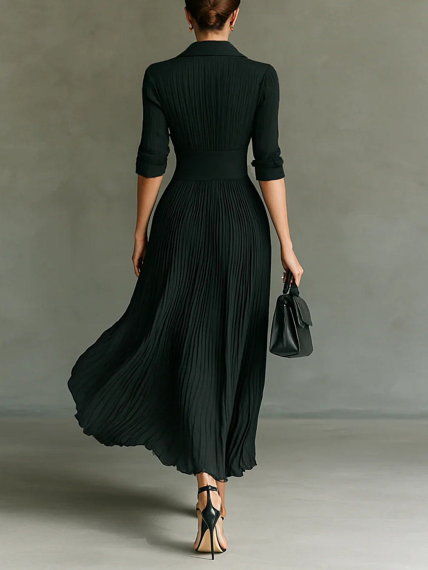 Pleated Lapel Maxi Dress in Green — VerolynBoutique