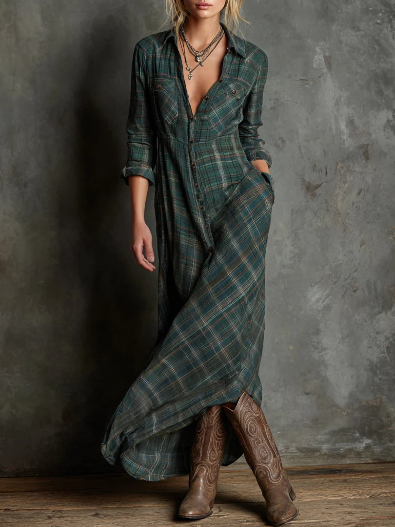 Checked Maxi Shirt Dress in Green — VerolynBoutique