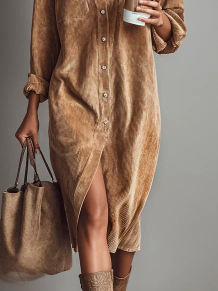 Corduroy Midi Shirt Dress in Brown — VerolynBoutique