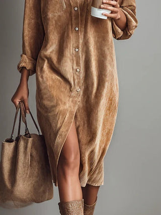Corduroy Midi Shirt Dress in Brown — VerolynBoutique