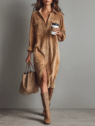 Corduroy Midi Shirt Dress in Brown — VerolynBoutique