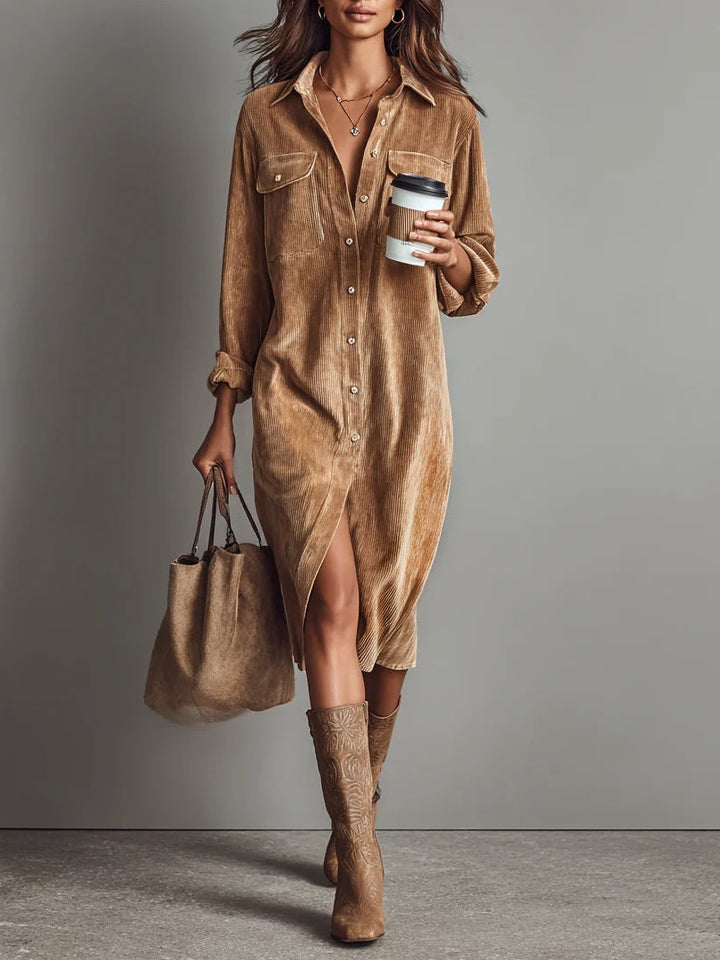 Corduroy Midi Shirt Dress in Brown — VerolynBoutique