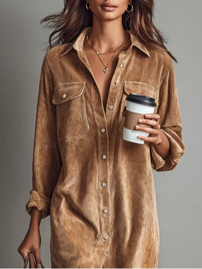 Corduroy Midi Shirt Dress in Brown — VerolynBoutique