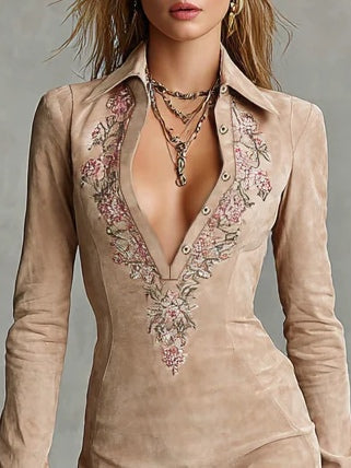 Embroidered Lapel Suede Midi Dress in Beige — VerolynBoutique