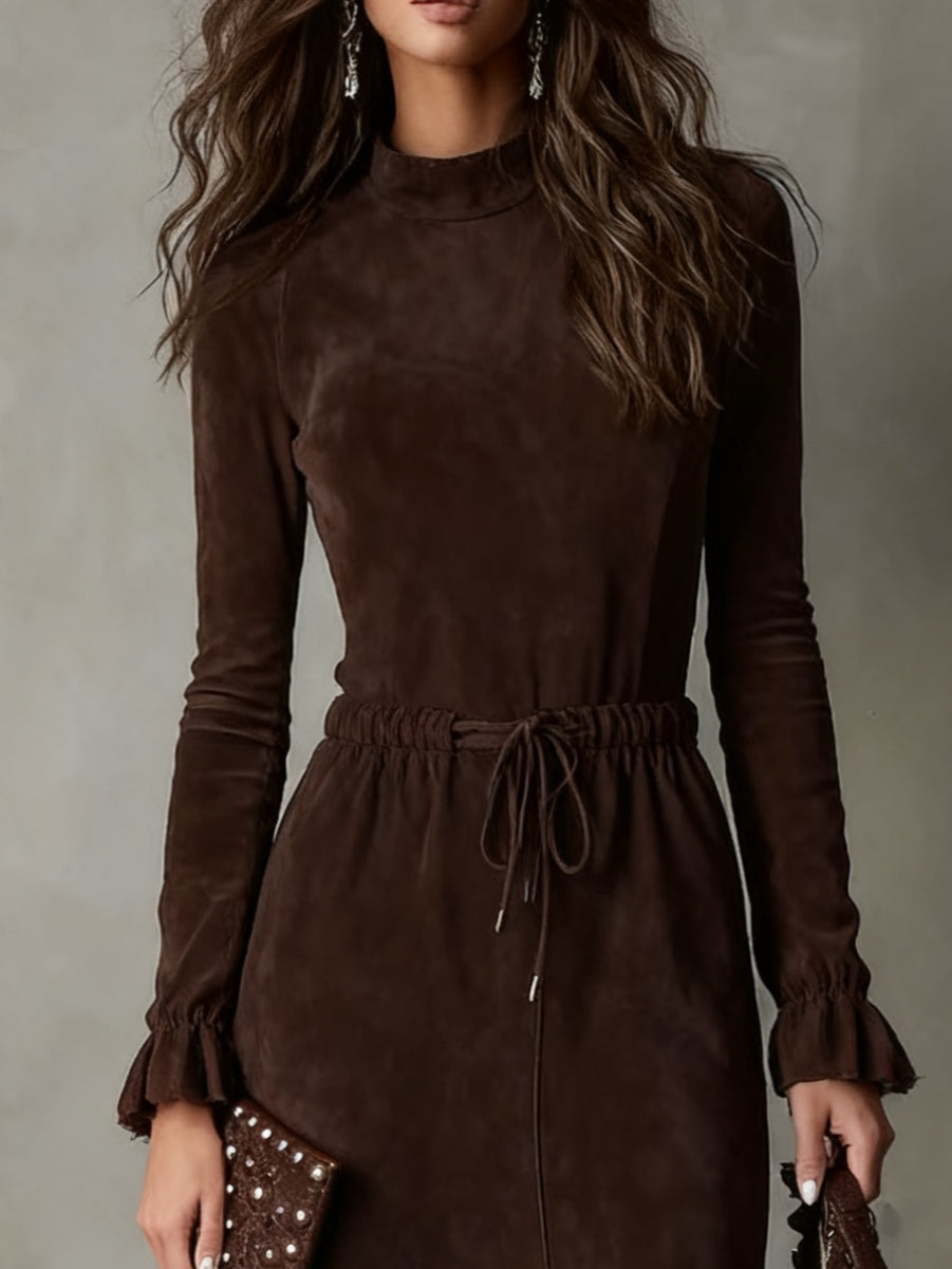 Drawstring Waist Suede Midi Dress in Coffee Brown — VerolynBoutique