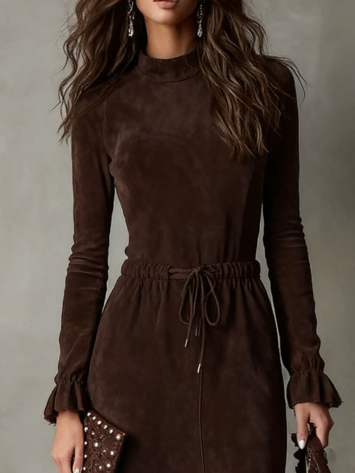 Drawstring Waist Suede Midi Dress in Coffee Brown — VerolynBoutique