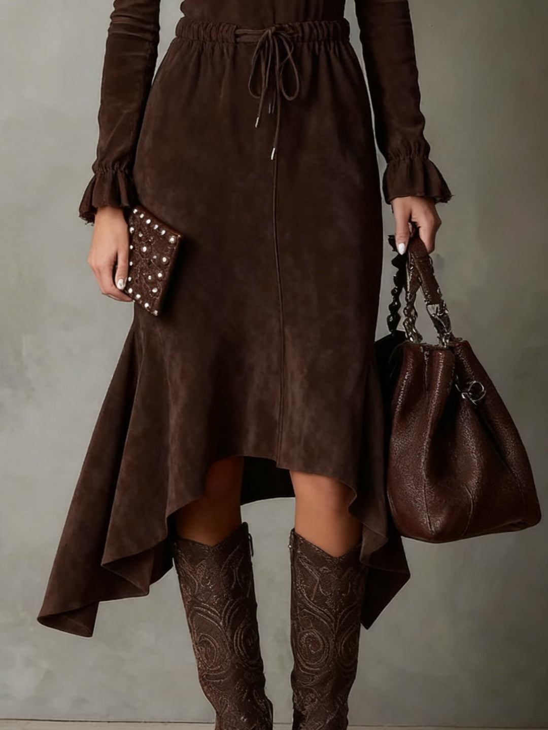 Drawstring Waist Suede Midi Dress in Coffee Brown — VerolynBoutique