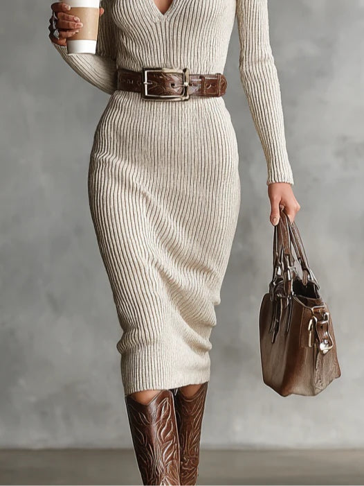 Belted Knit V-Neck Midi Dress in Beige — VerolynBoutique