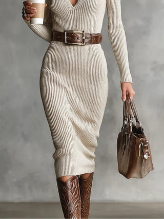 Belted Knit V-Neck Midi Dress in Beige — VerolynBoutique