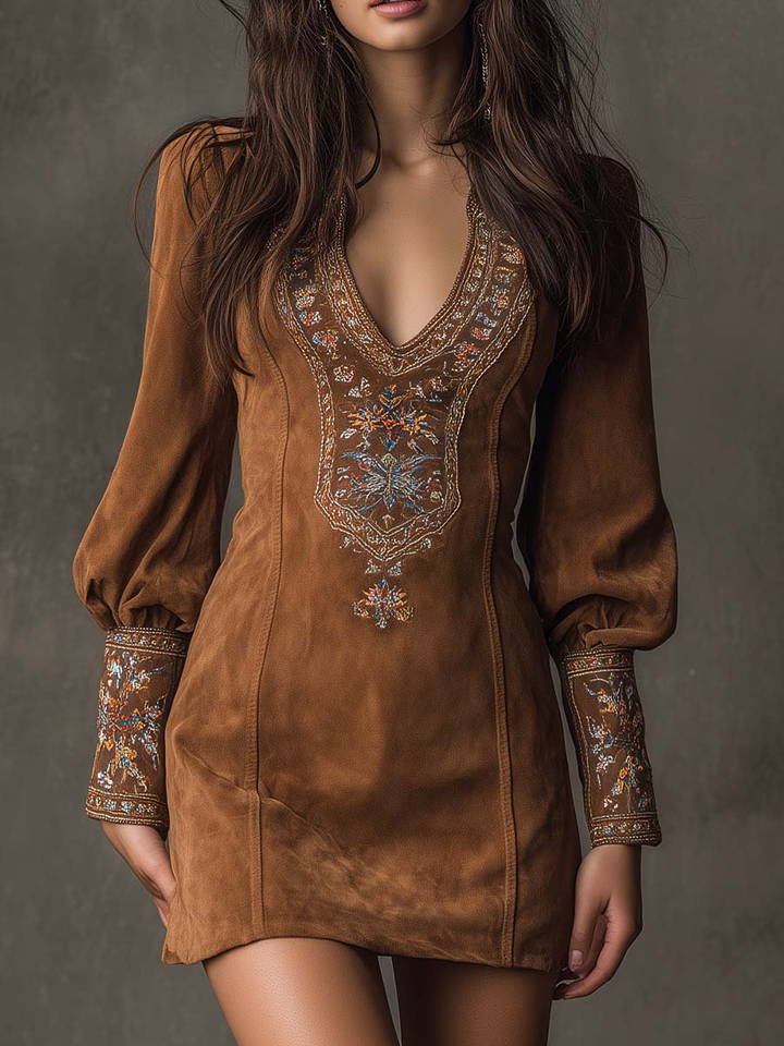Verolyn - Embroidered Suede Mini Dress