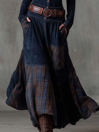 Check Panel Suede Maxi Dress in Navy — VerolynBoutique