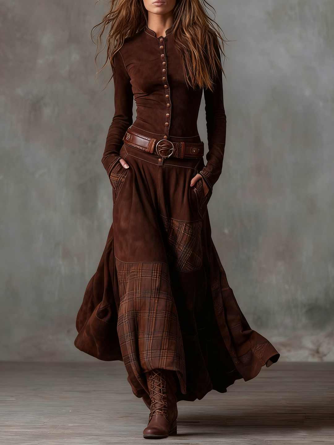 Check Panel Suede Maxi Dress in Brown — VerolynBoutique