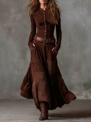 Check Panel Suede Maxi Dress in Brown — VerolynBoutique
