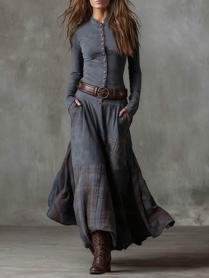 Check Panel Suede Maxi Dress in Grey — VerolynBoutique