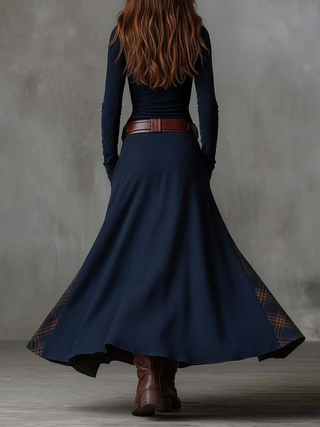 Check Panel Suede Maxi Dress in Navy — VerolynBoutique