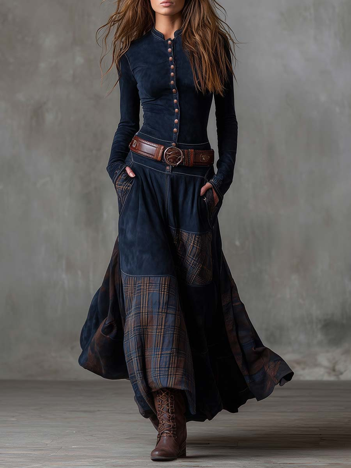 Check Panel Suede Maxi Dress in Navy — VerolynBoutique