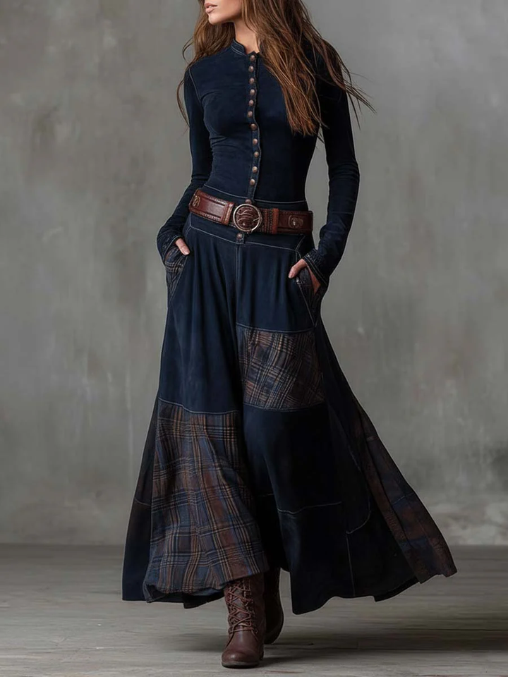 Check Panel Suede Maxi Dress in Navy — VerolynBoutique