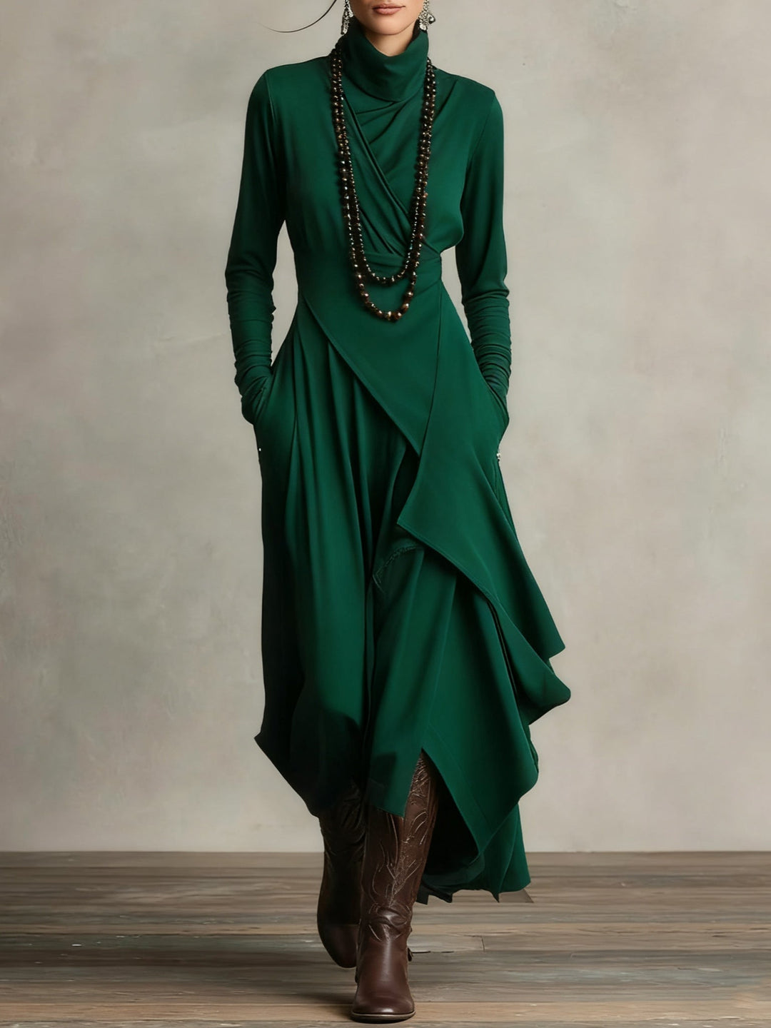 Asymmetric High Neck Maxi Dress in Green — VerolynBoutique