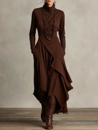 Asymmetric High Neck Maxi Dress in Brown — VerolynBoutique