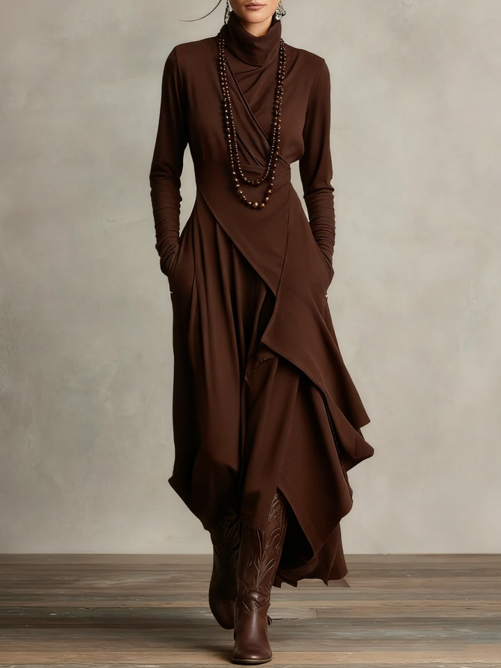 Asymmetric High Neck Maxi Dress in Brown — VerolynBoutique