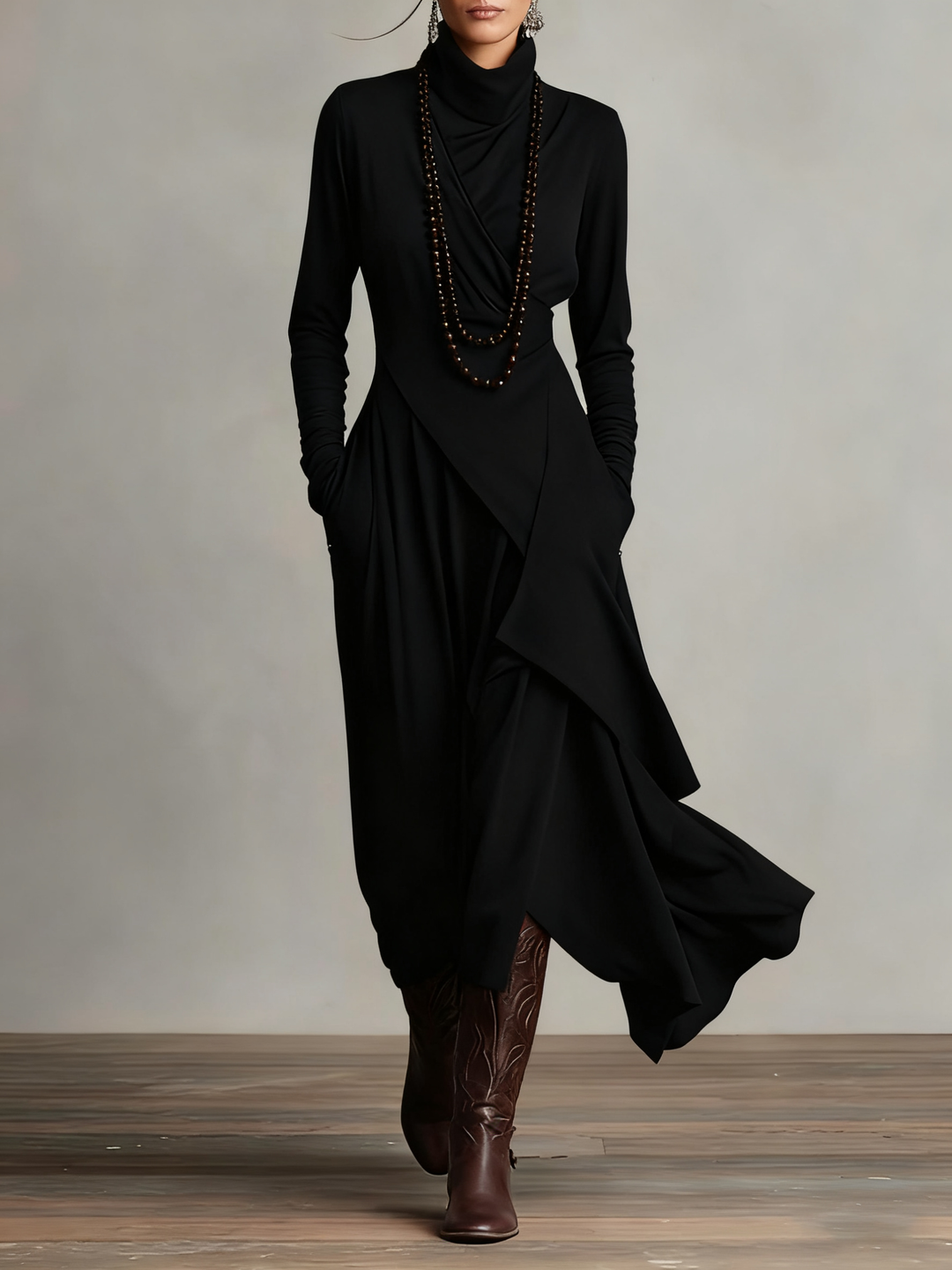 Asymmetric High Neck Maxi Dress in Black — VerolynBoutique
