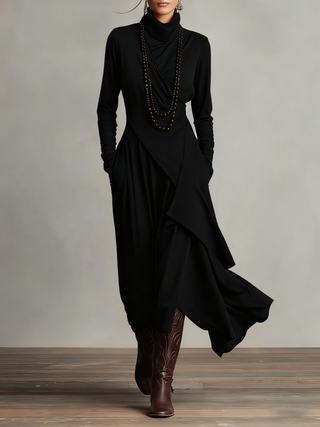 Asymmetric High Neck Maxi Dress in Black — VerolynBoutique