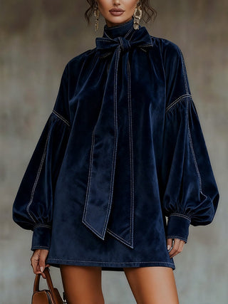 Velvet Bow Neck Mini Dress in Navy — VerolynBoutique