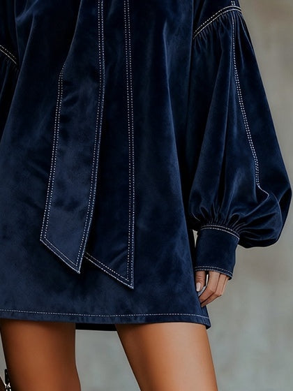 Velvet Bow Neck Mini Dress in Navy — VerolynBoutique