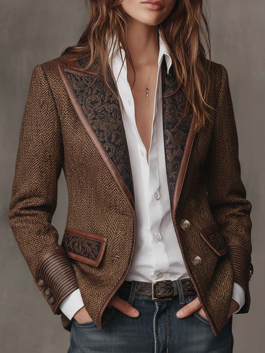 Herringbone Printed Panel Blazer in Brown — VerolynBoutique