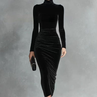 Ruched Velvet High Neck Dress in Black — VerolynBoutique