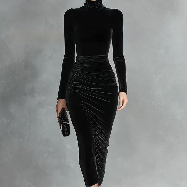 Ruched Velvet High Neck Dress in Black — VerolynBoutique