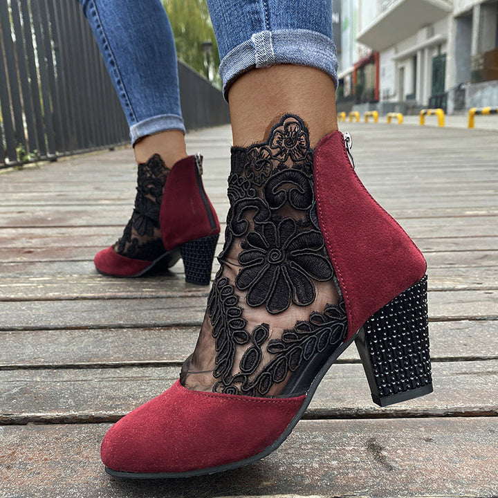 Lace Panel Heeled Ankle Boots in Red — VerolynBoutique