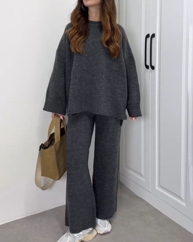 Crew Neck Knit Lounge Set in Charcoal — VerolynBoutique