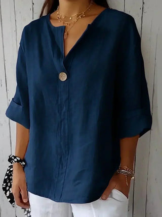 Single Button V-Neck Blouse in Navy — VerolynBoutique