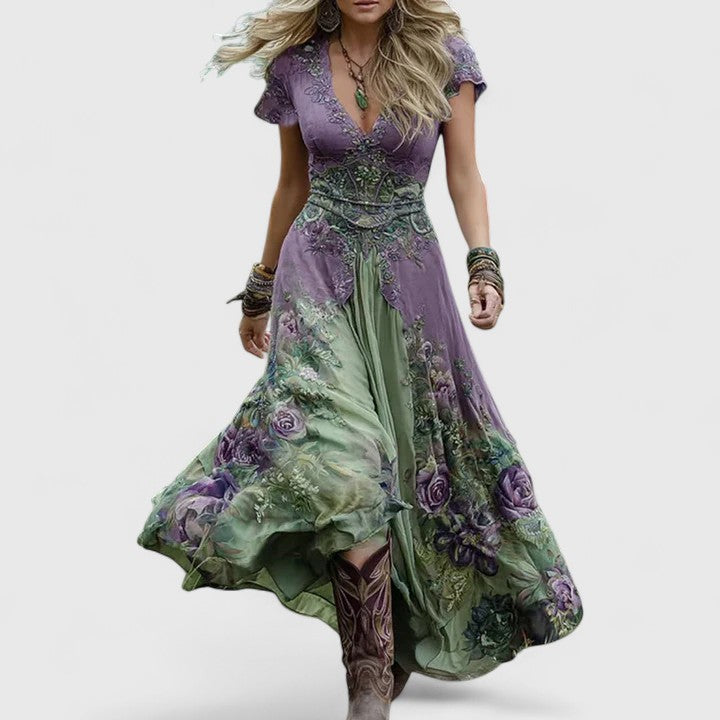 Short Sleeve Boho Maxi Dress in Purple — VerolynBoutique