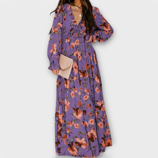 Floral V-Neck Tiered Maxi Dress in Purple — VerolynBoutique