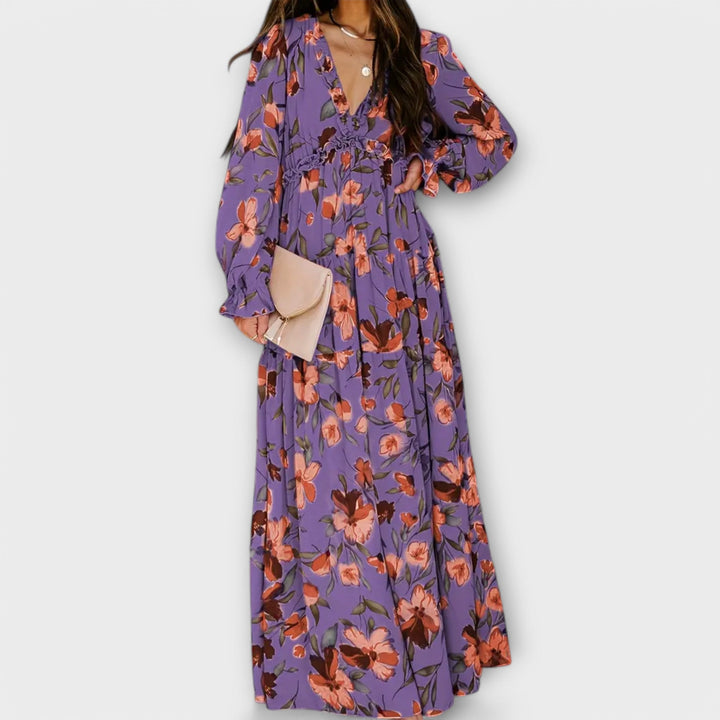 Floral V-Neck Tiered Maxi Dress in Purple — VerolynBoutique