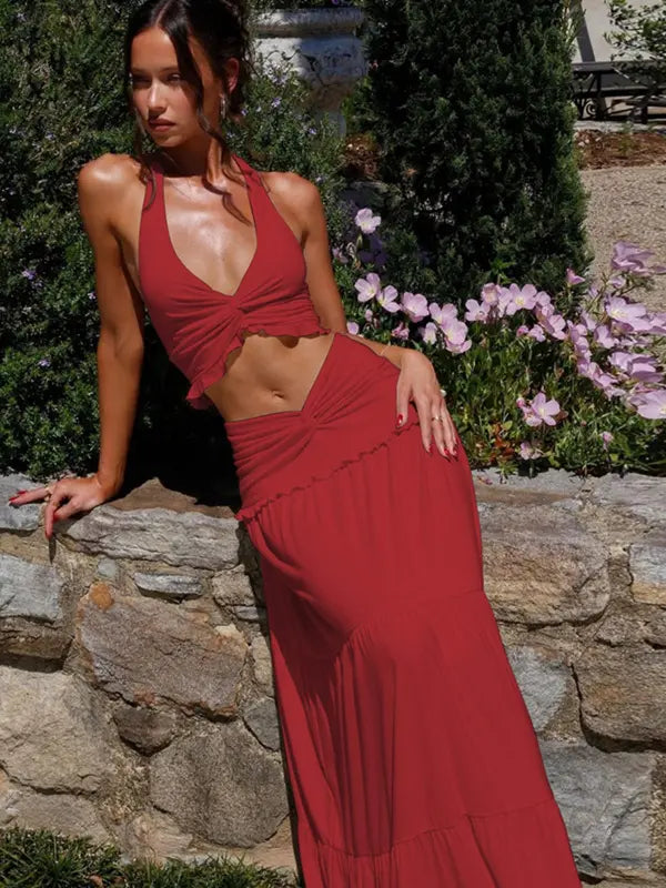 Plunge Neck Maxi Skirt Set in Red — VerolynBoutique
