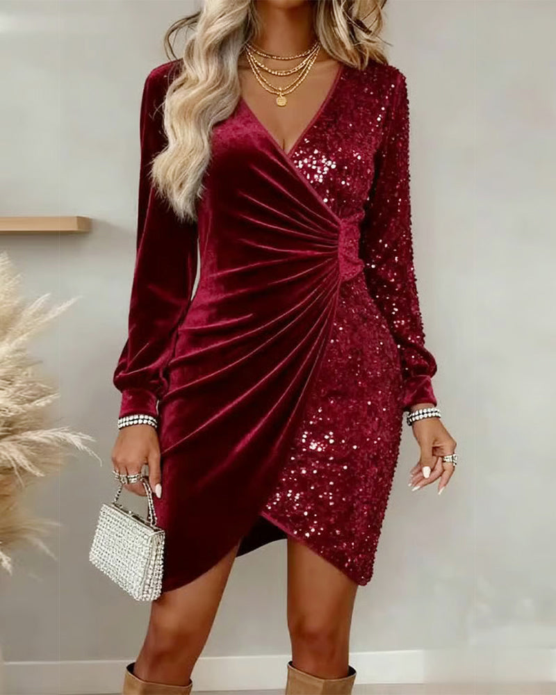 Sequin Velvet V-Neck Midi Dress in Red — VerolynBoutique