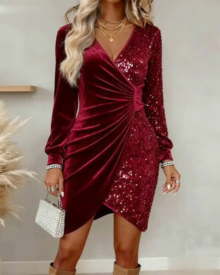 Sequin Velvet V-Neck Midi Dress in Red — VerolynBoutique
