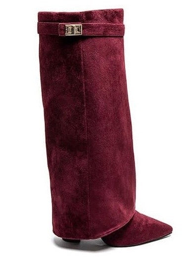 Burgundy Suede Fold-Over Boots in Burgundy — VerolynBoutique