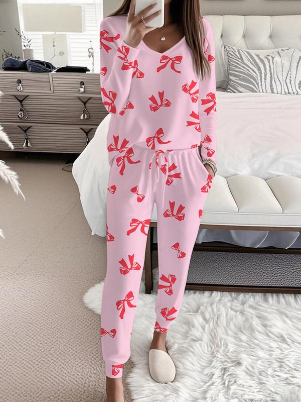 Bow Print V-Neck Lounge Set in Pink — VerolynBoutique