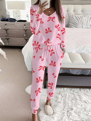 Bow Print V-Neck Lounge Set in Pink — VerolynBoutique
