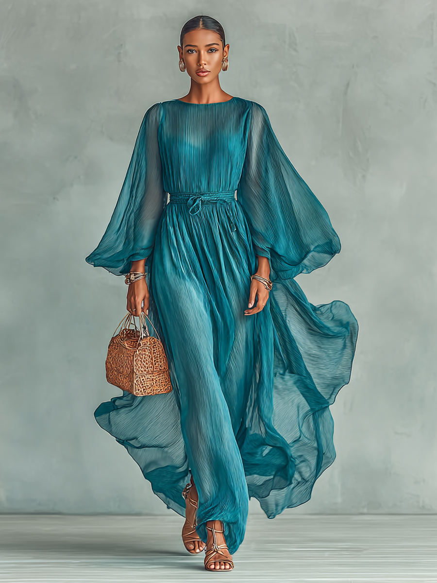 Sheer Balloon Sleeve Maxi Dress in Blue — VerolynBoutique