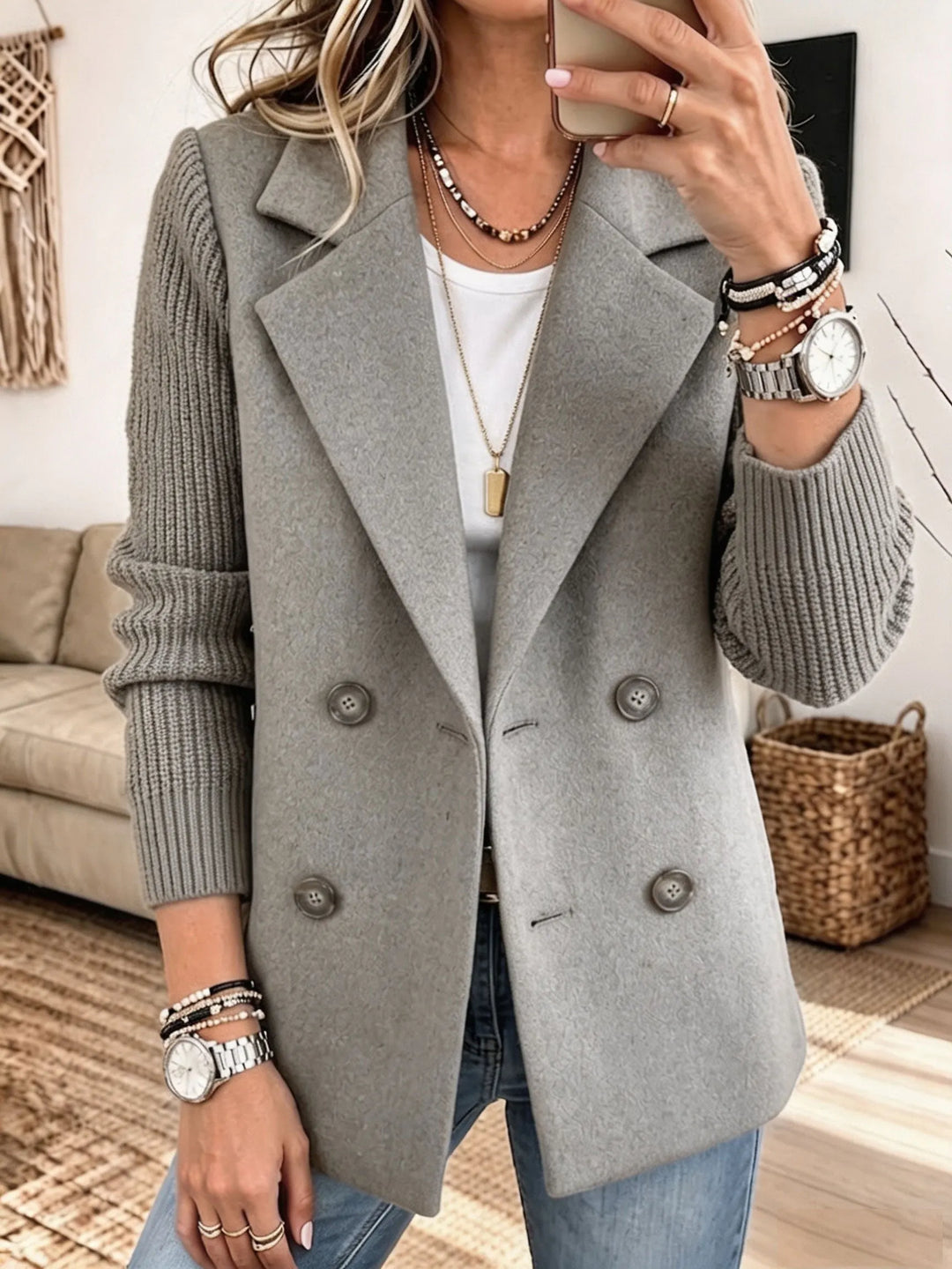 Verolyn peak lapel knit sleeve blazer in grey