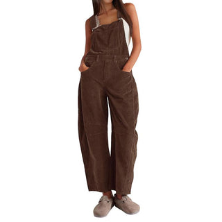 Corduroy Barrel Leg Dungarees in Brown — VerolynBoutique